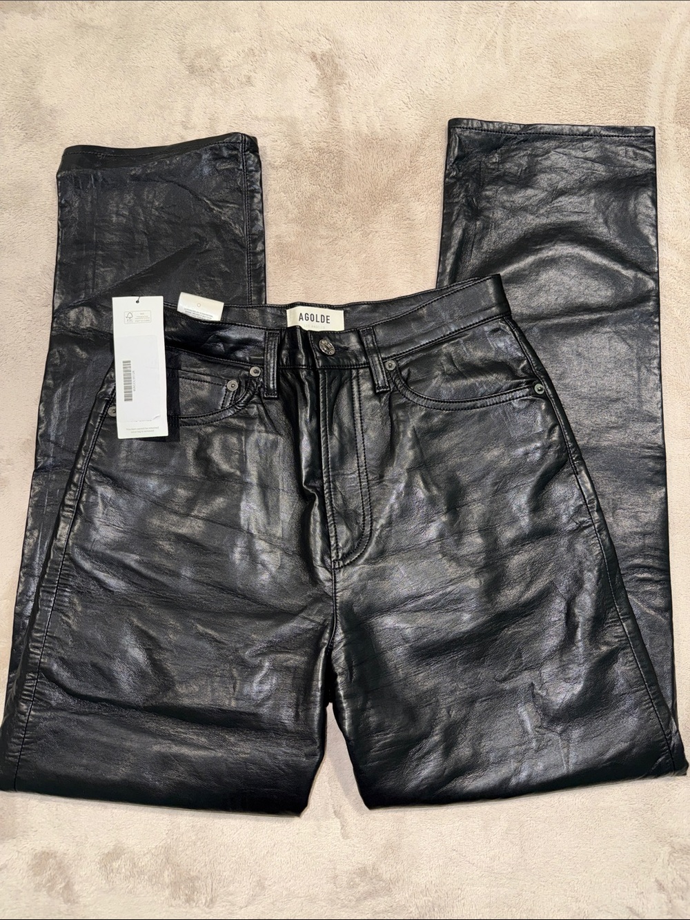 Agolde Black Faux Leather Straight Leg Pants Size 26